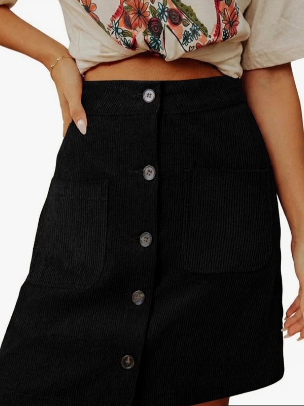 Black Corduroy Button Front Mini Skirt High Waist Pockets Size XL